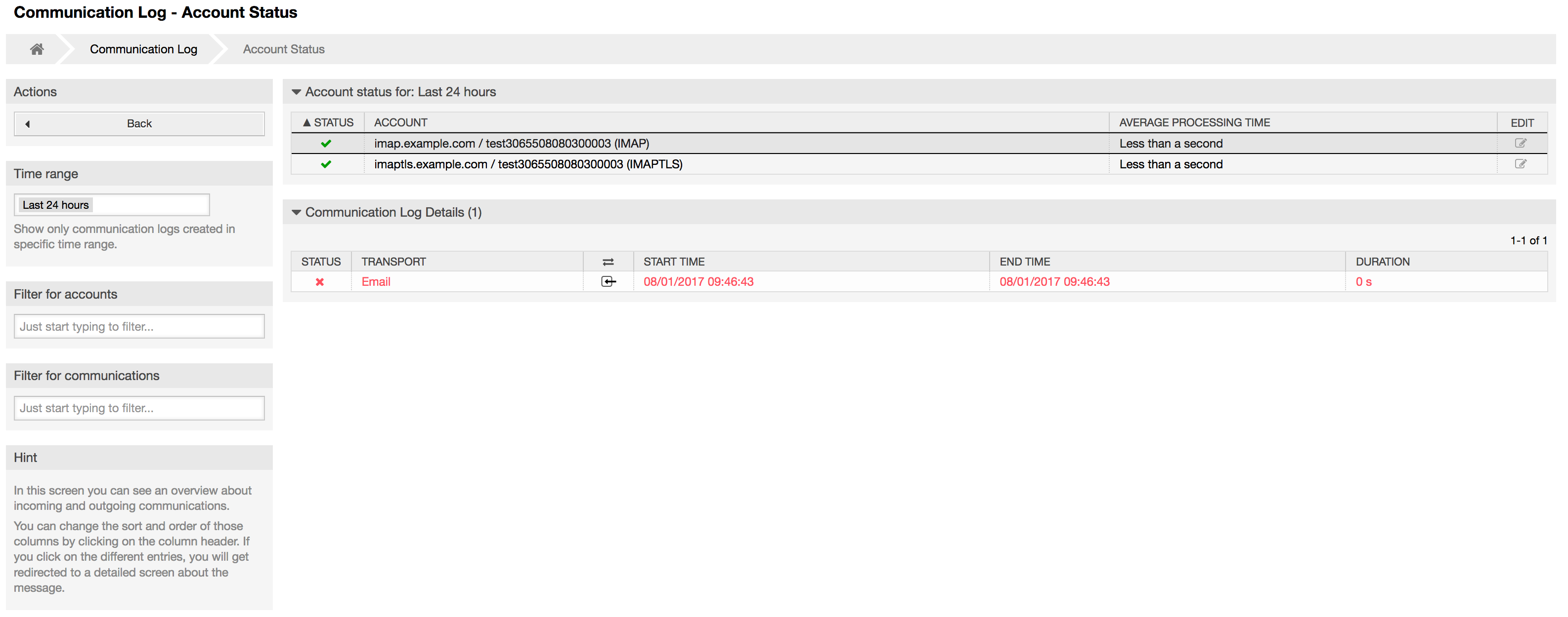 Communication Log Account Status