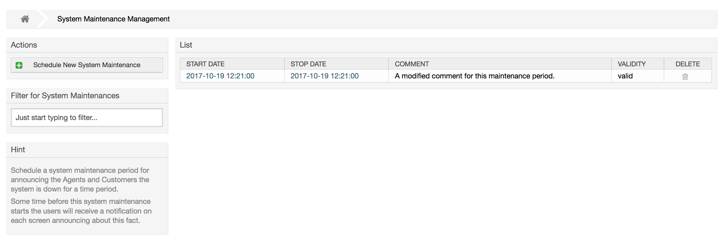 The system maintenance overview screen with some scheduled periods