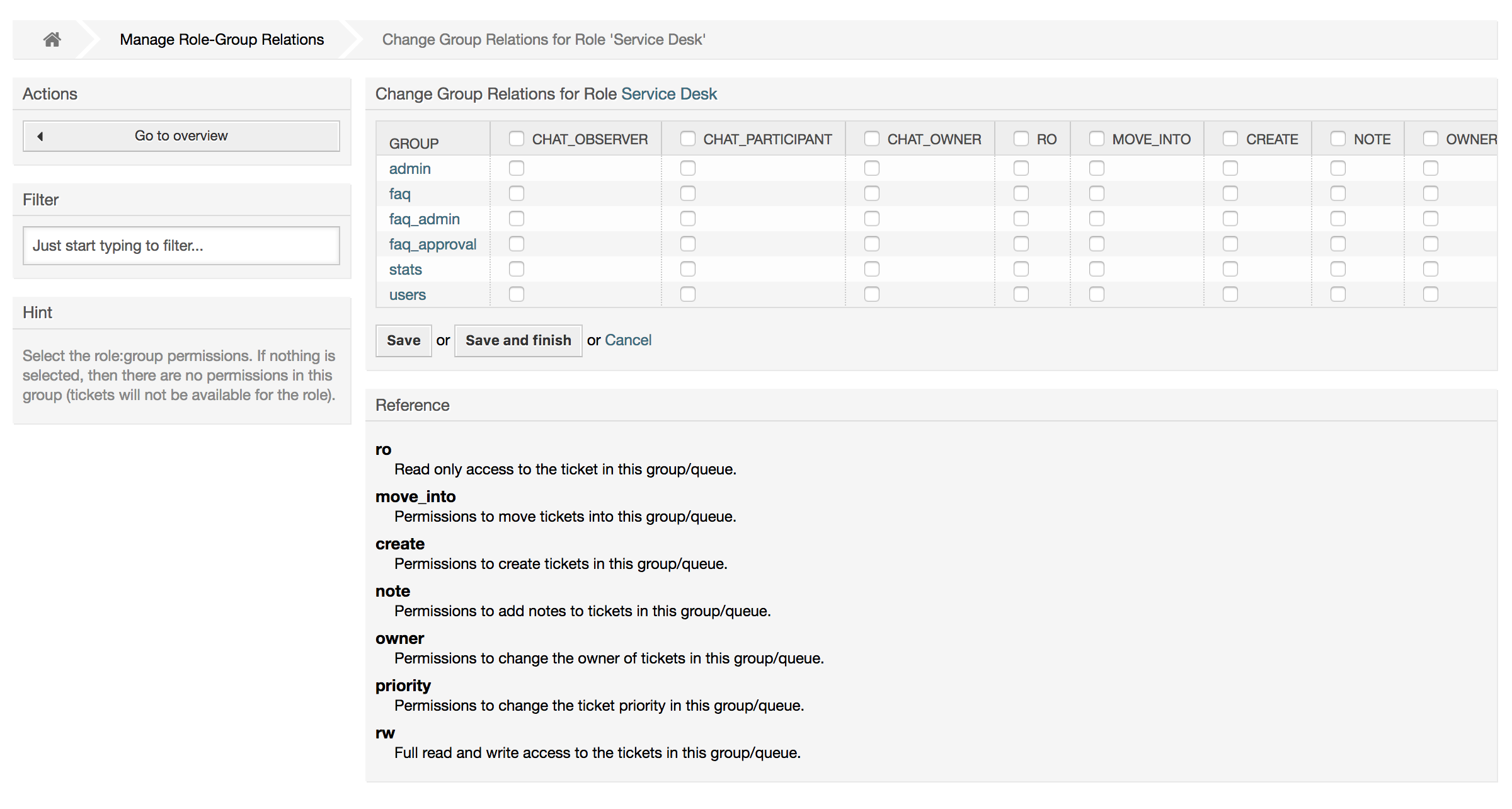 Change group relations for a role