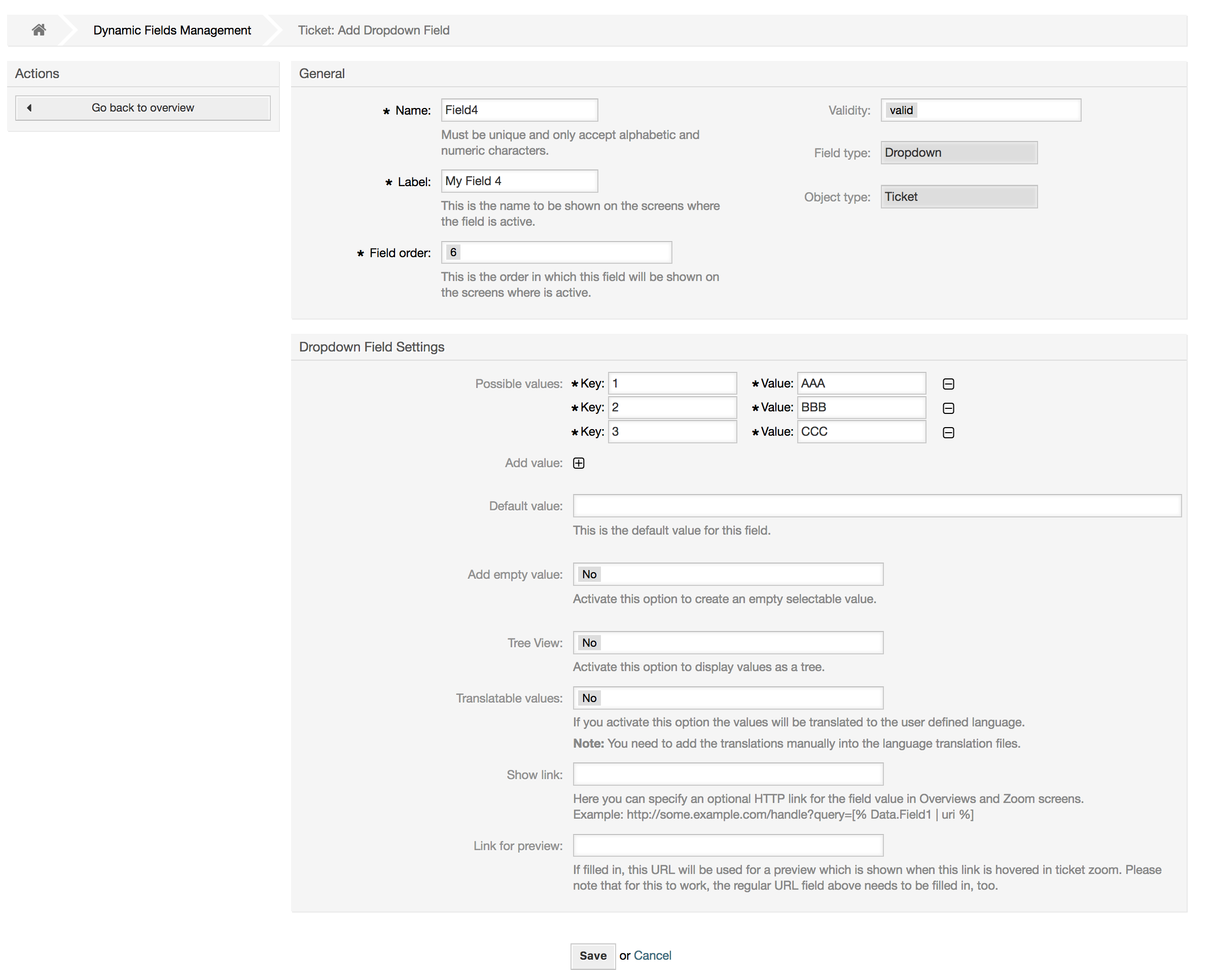 Dynamic field Dropdown configuration dialog