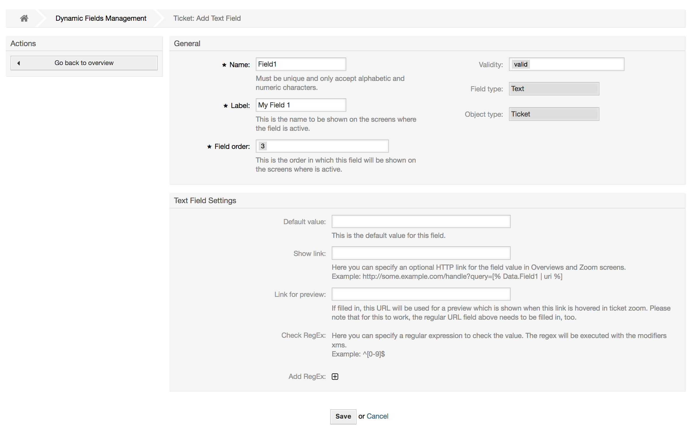 Dynamic field Text configuration dialog