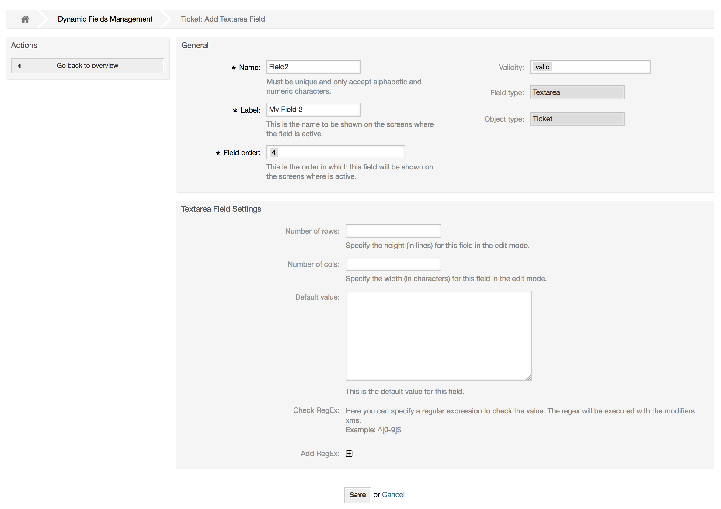 Dynamic field Textarea configuration dialog