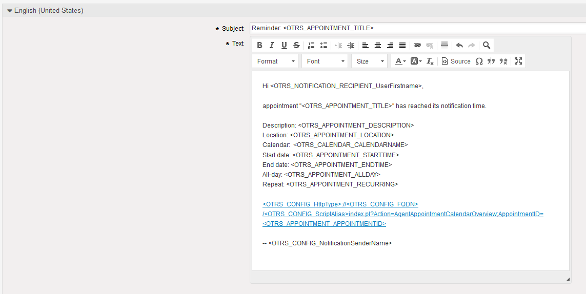 Notification body in calendar/appointment notifications