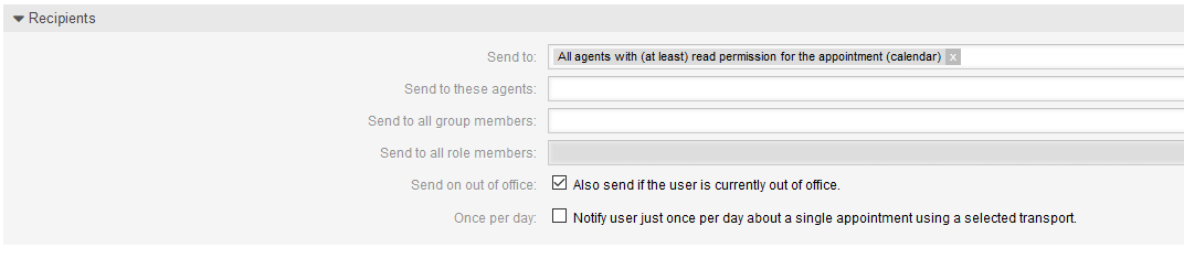 Recipient settings in calendar/appointment notifications