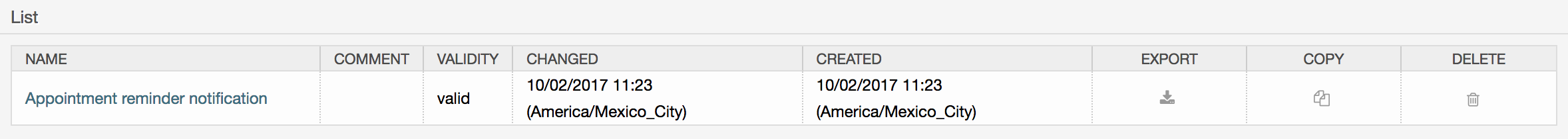 Table in calendar/appointment notification overview