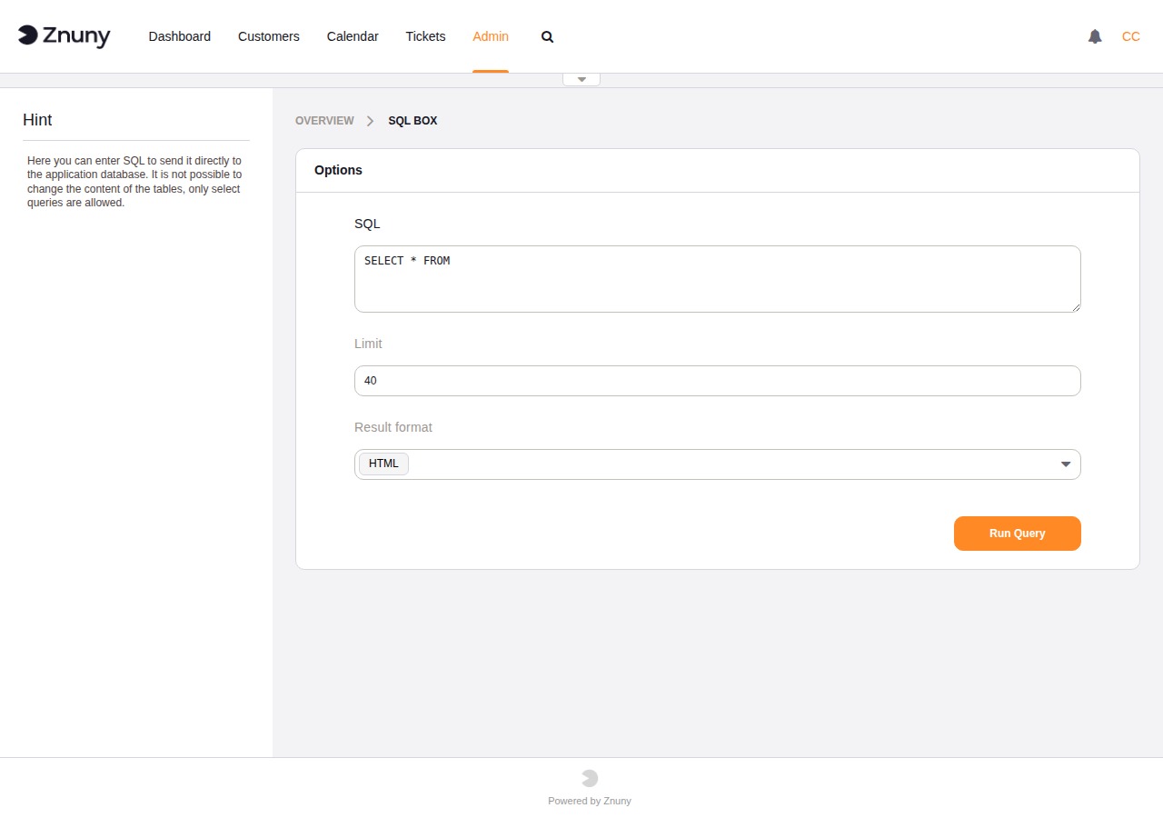 SQL Box showing the query form with SQL textarea, Limit field, Result Format dropdown, and Run Query button