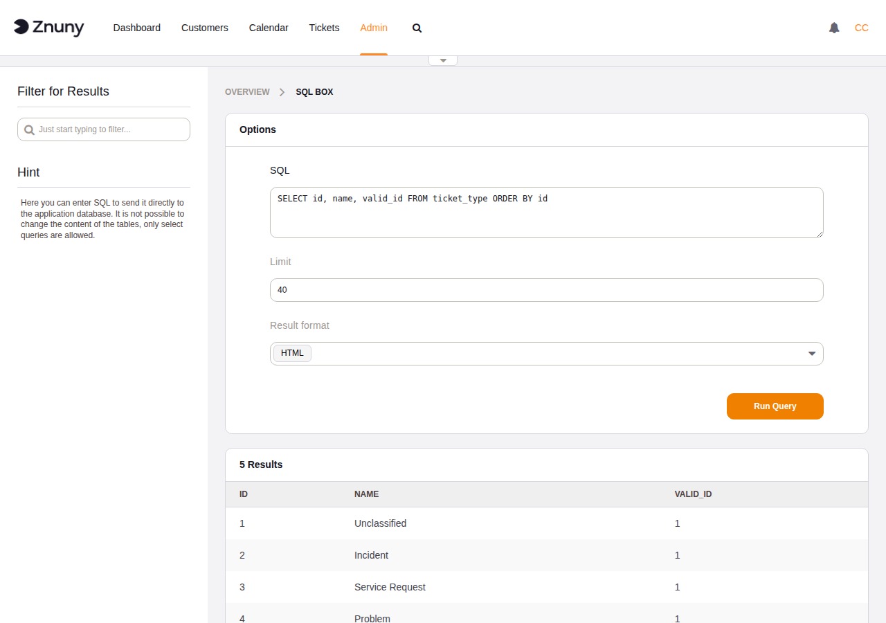 SQL Box showing query results with 5 rows from the ticket_type table and a Filter for Results sidebar