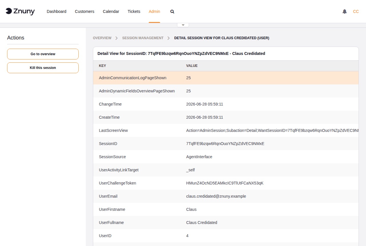 Session detail view showing key-value session data for a single user