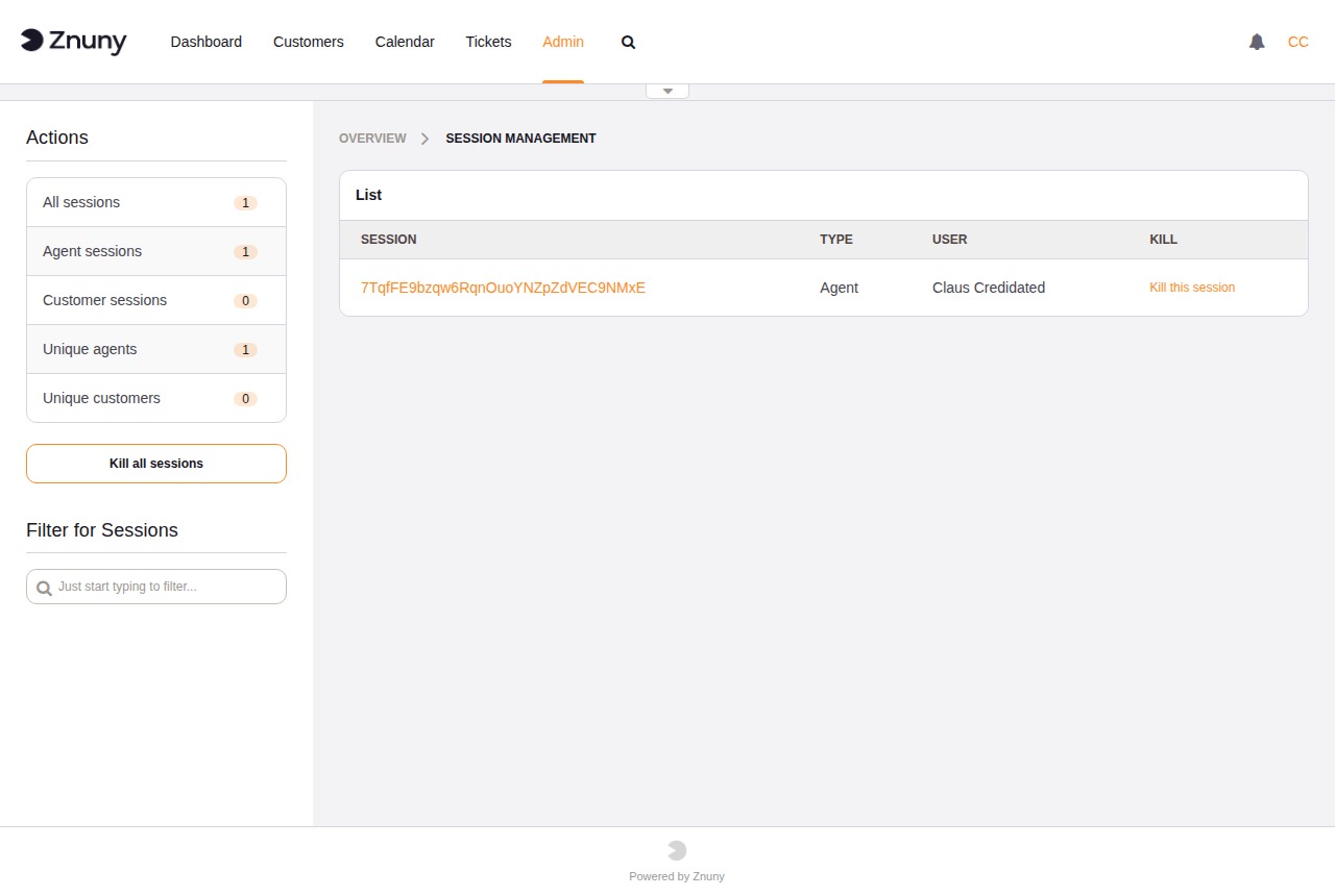 Session Management overview showing active agent and customer sessions